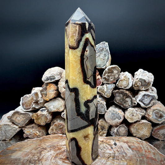 large Yellow Septarian crystal prism tower weighing 2.6kg