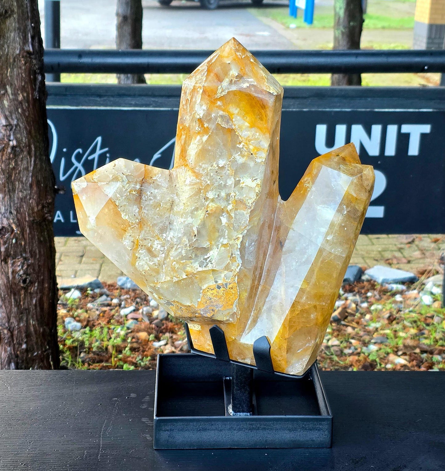 XL Golden Healer Crystal Sculpture - Trilogy Hand Carved Crystal Point on Custom Metal Stand