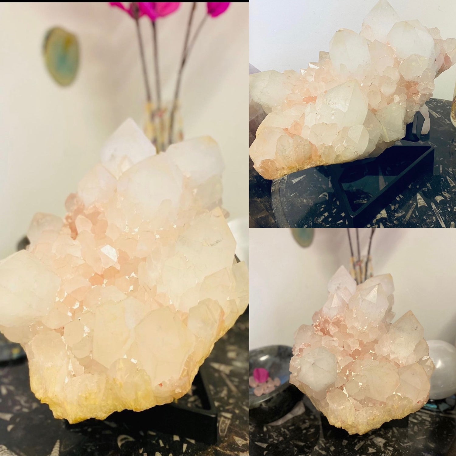 large pink lithium quartz crystal on stand, stand mounted crystals, bespoke custom crystals