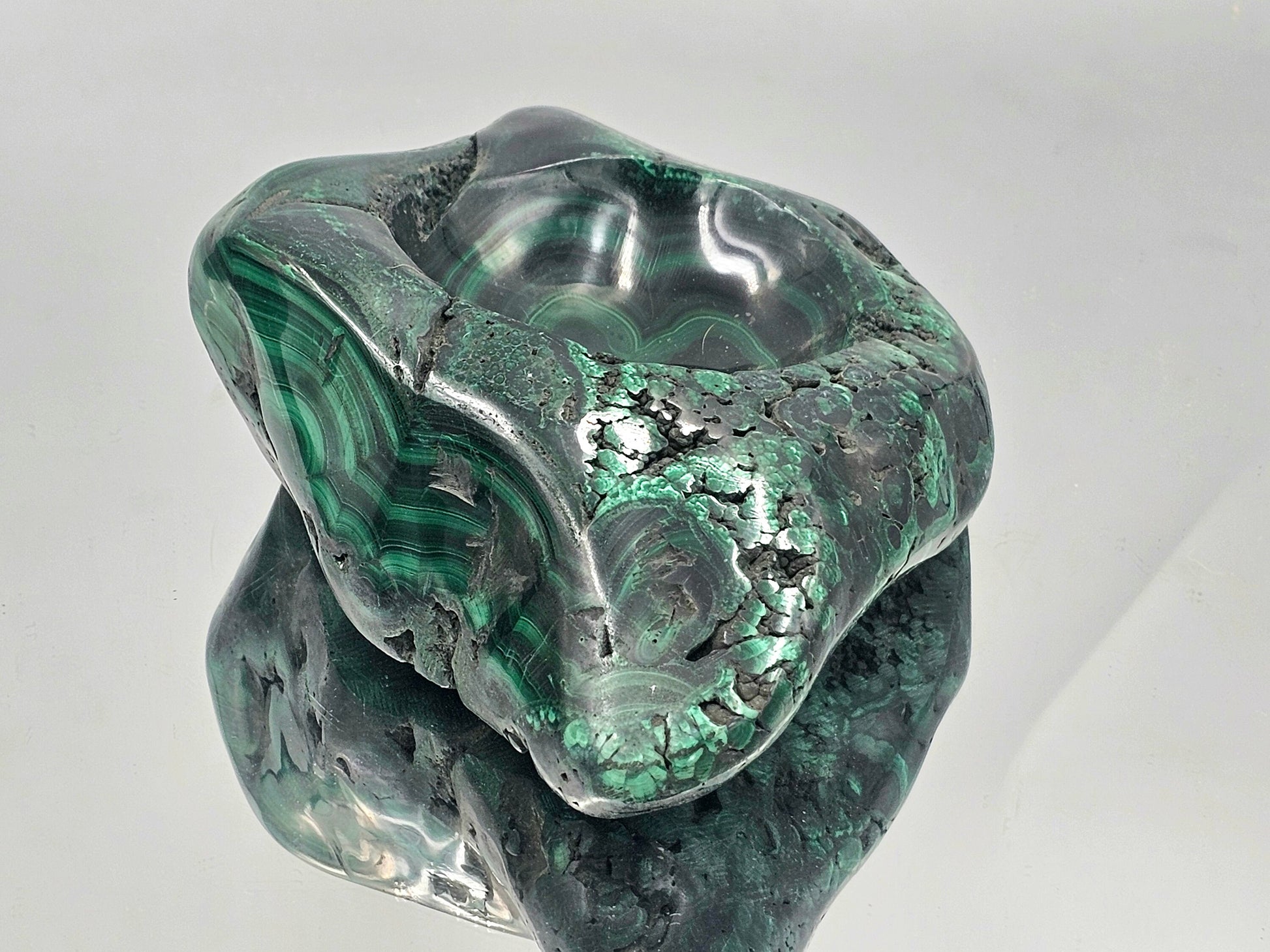 large polished solid malachite bowl