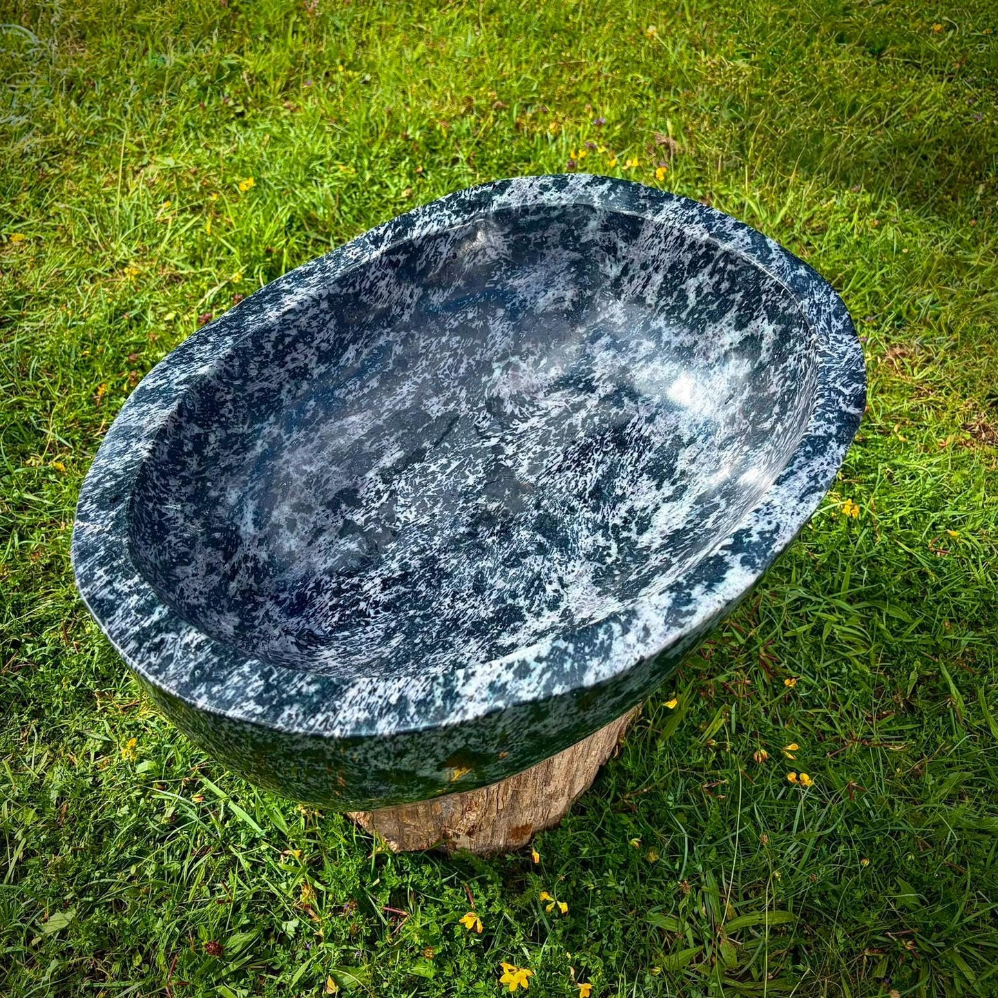 Luxury Indigo Gabbro crystal bowl with polished dark mineral tones for a statement interior centrepiece.