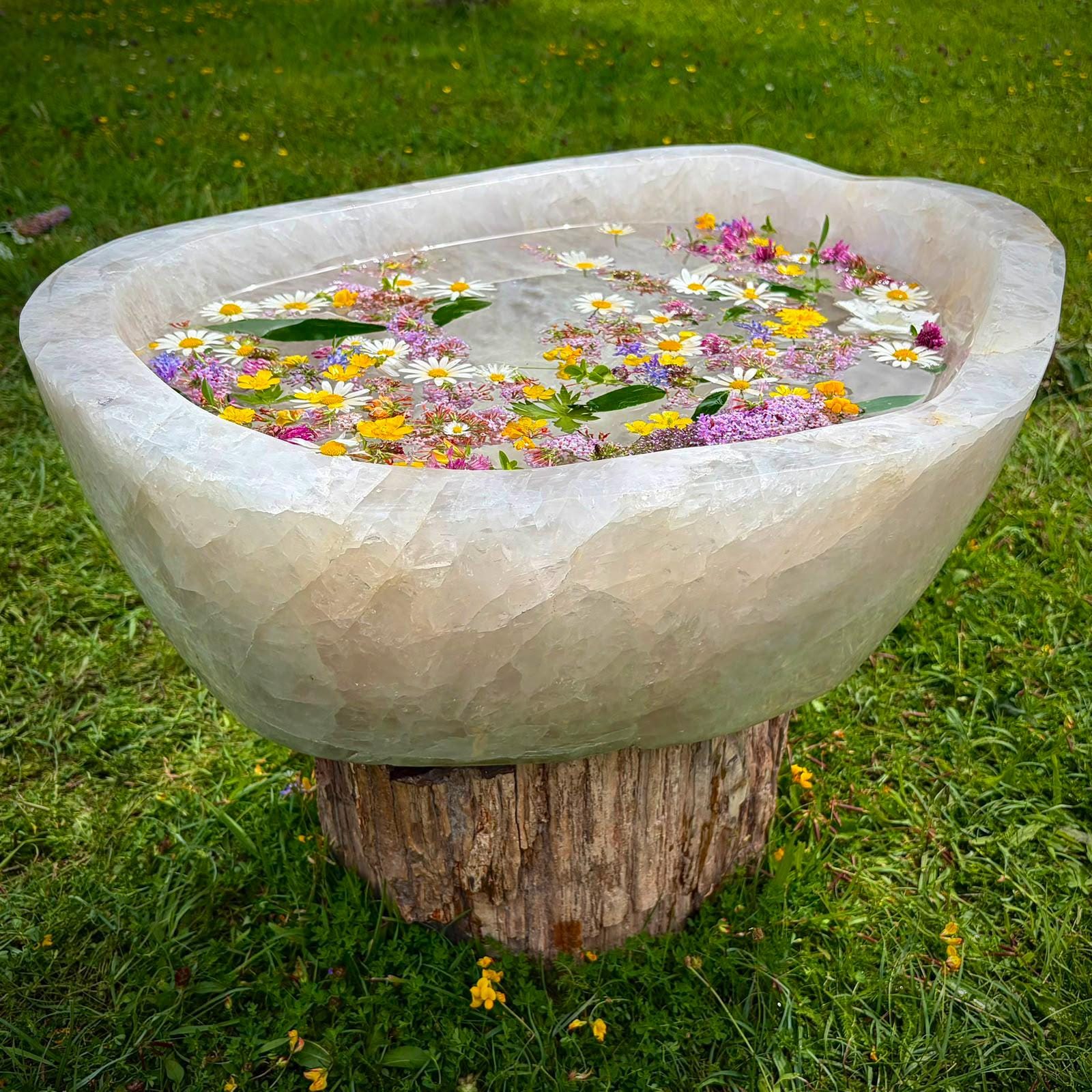 Luxury 52kg Madagascan Quartz bowl with soft milky tones and a smooth polished finish.