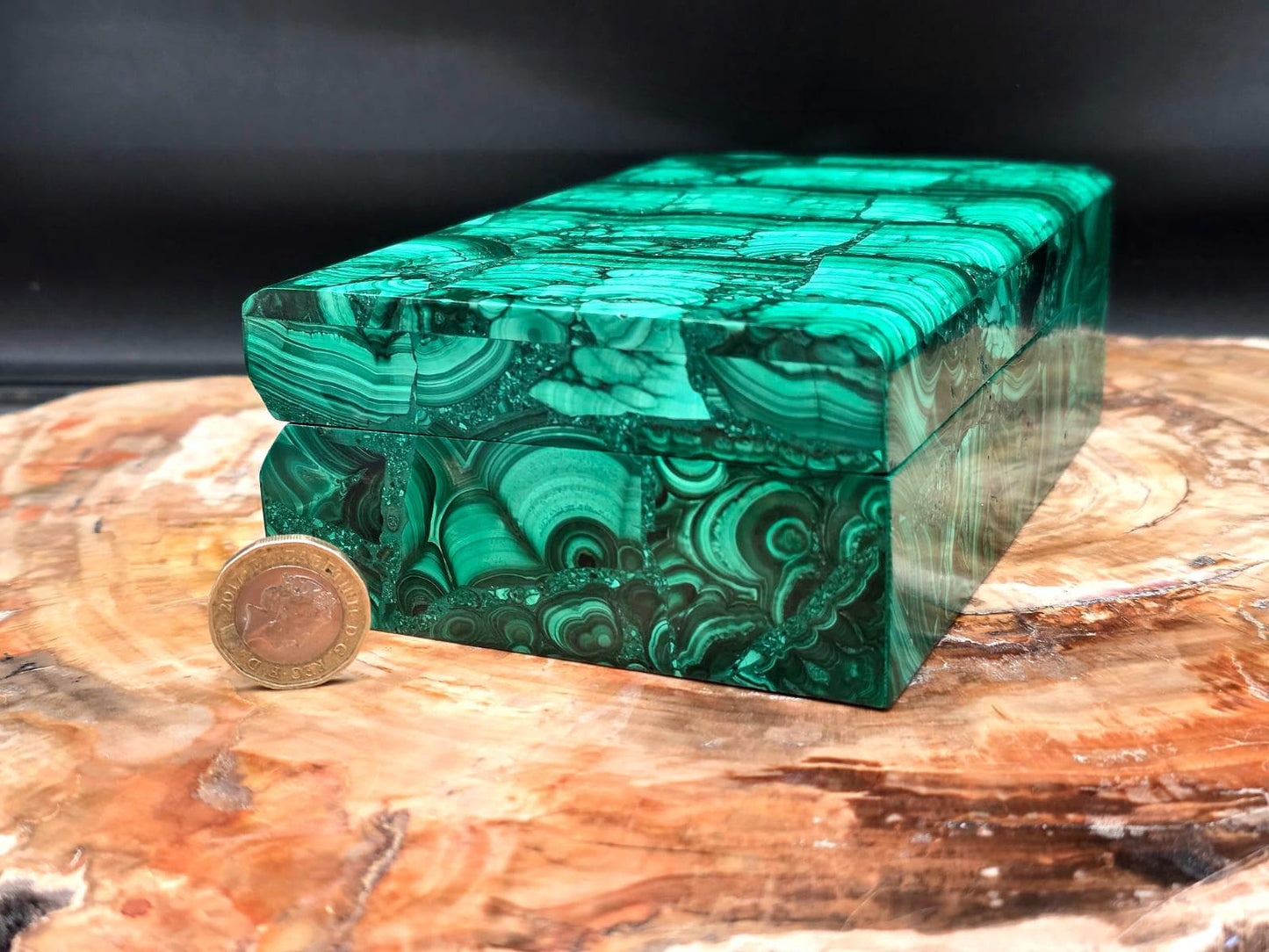 One-of-a-kind genuine Malachite box showcasing distinctive natural mineral patterns.