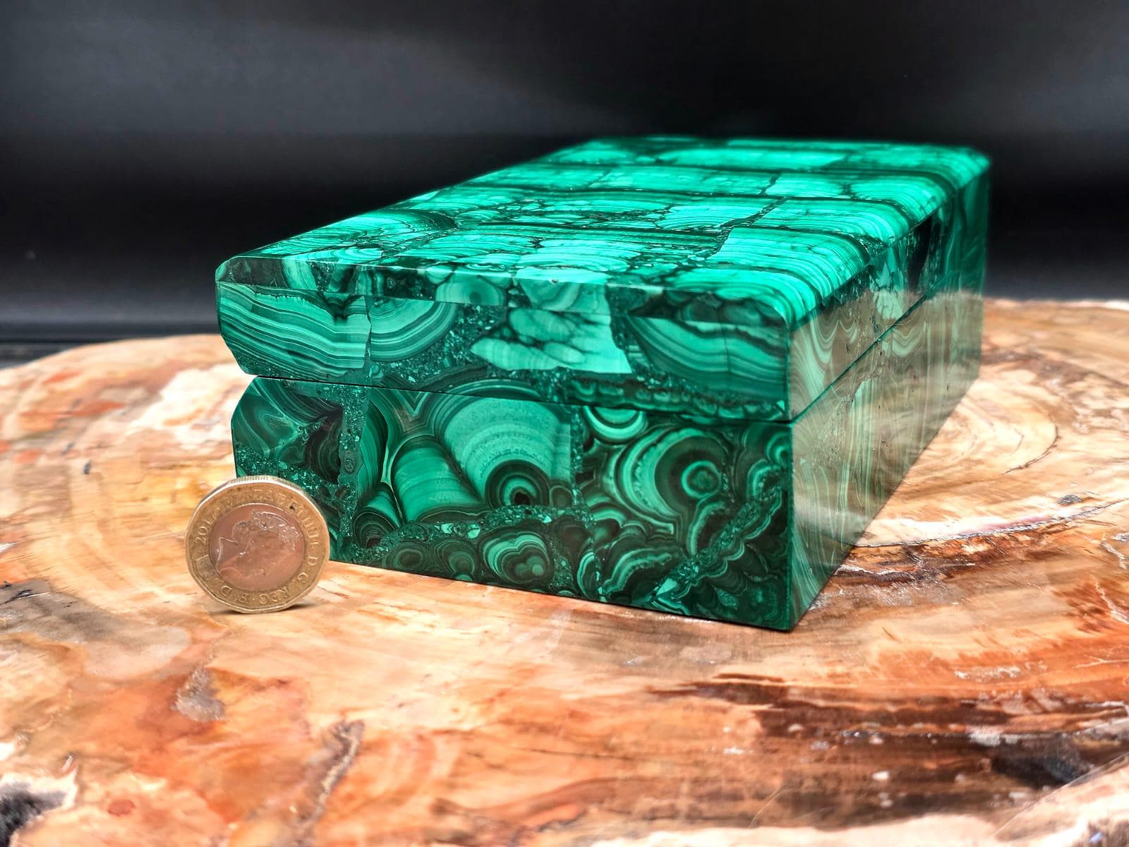 One-of-a-kind genuine Malachite box showcasing distinctive natural mineral patterns.