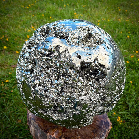 Luxury 64kg Peruvian Pyrite sphere with bright metallic lustre and natural cubic crystal detail.