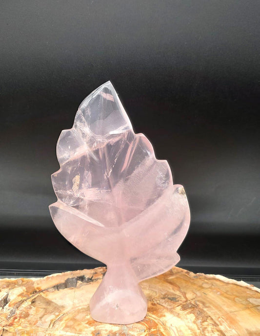 Luxury Rose Quartz crystal leaf sculpture hand carved in Madagascar.