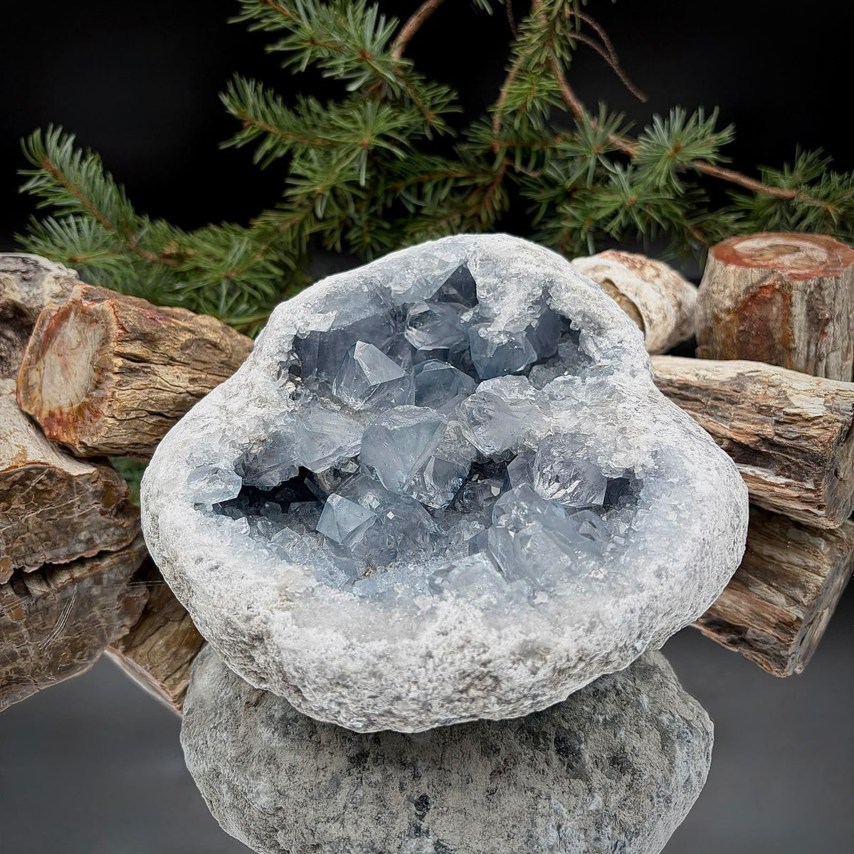 Large natural Celestite geode from Madagascar weighing 3.44kg, with blue-grey crystals and a rounded mineral formation.