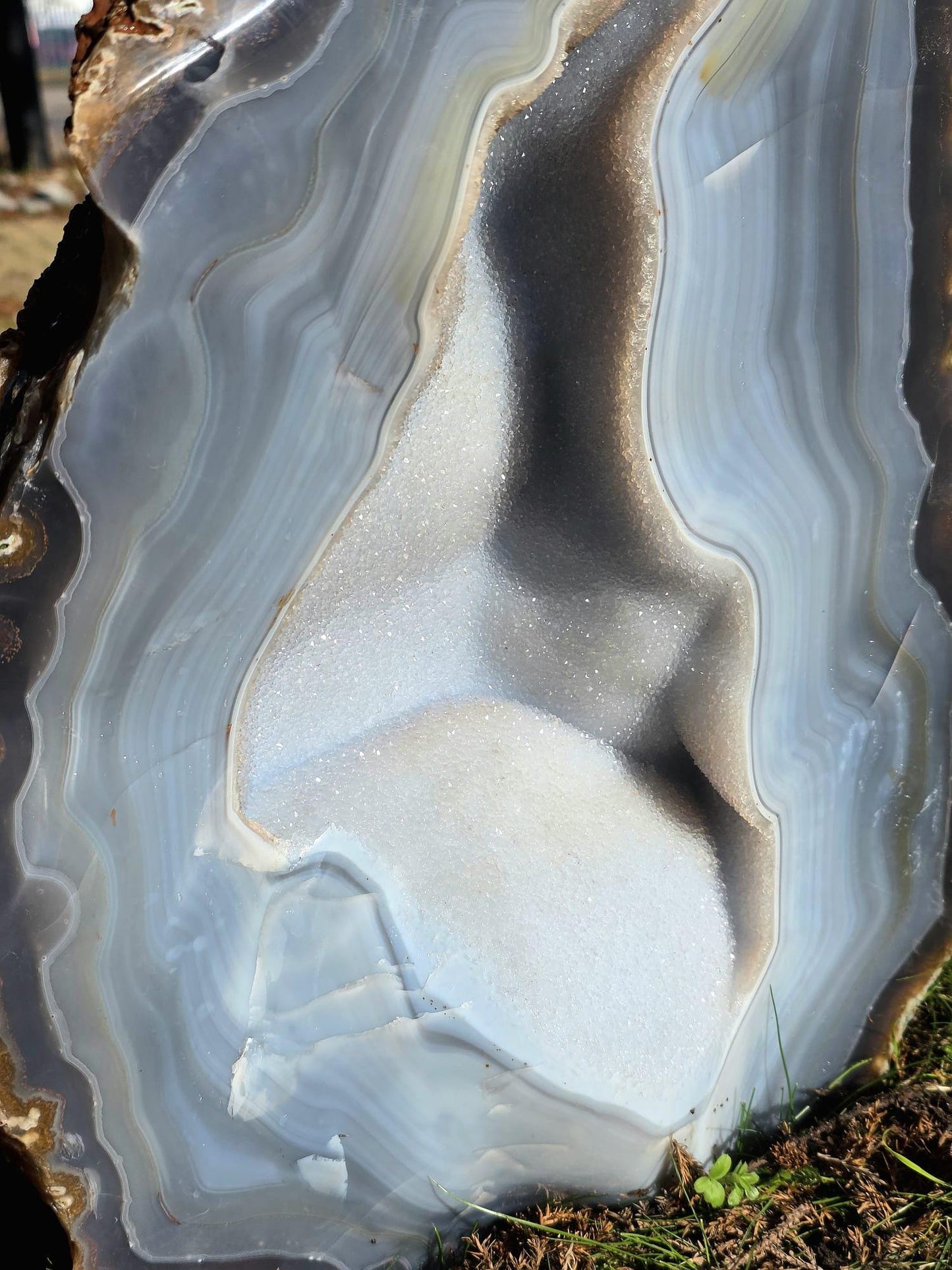 Natural Madagascar blue agate geode with sparkling druzy crystals