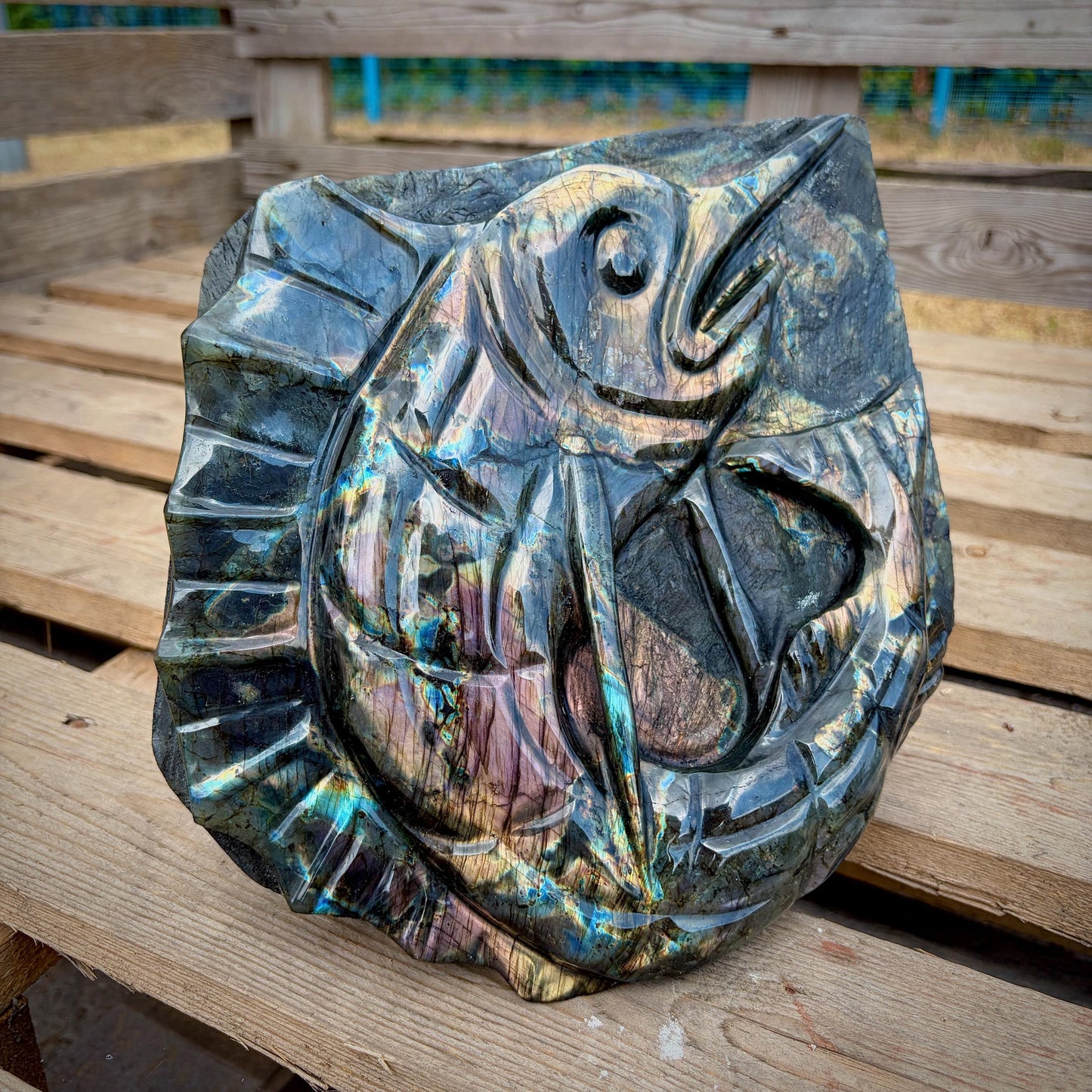 Purple, blue and gold Labradorite fish freeform display piece
