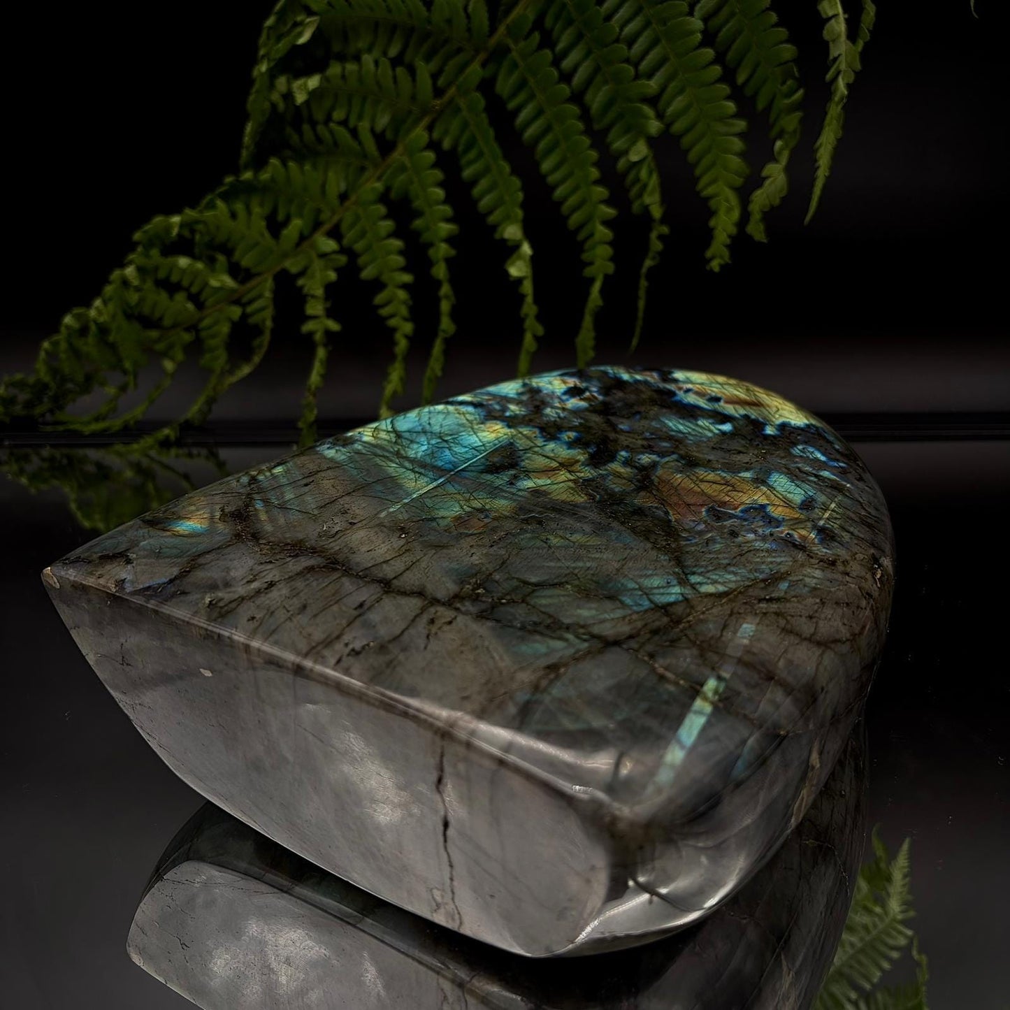 Madagascar labradorite freeform statement piece with polished finish and natural colour flash.