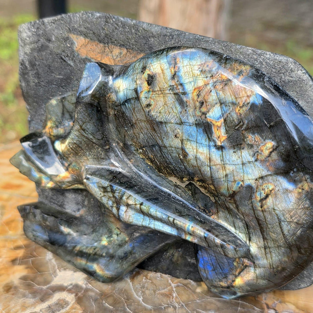 Madagascar Labradorite skull face crystal carving