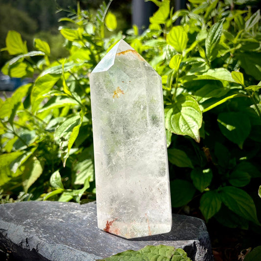 Madagascar quartz crystal home decor piece with polished tower shape and natural clarity.