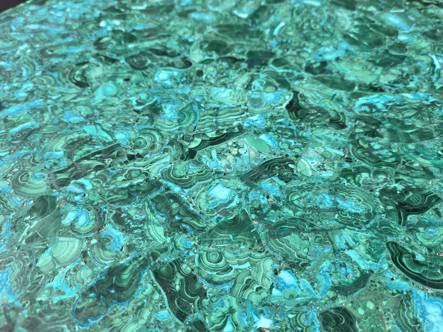 Hand-polished Malachite and Chrysocolla inlay for luxury collectors.