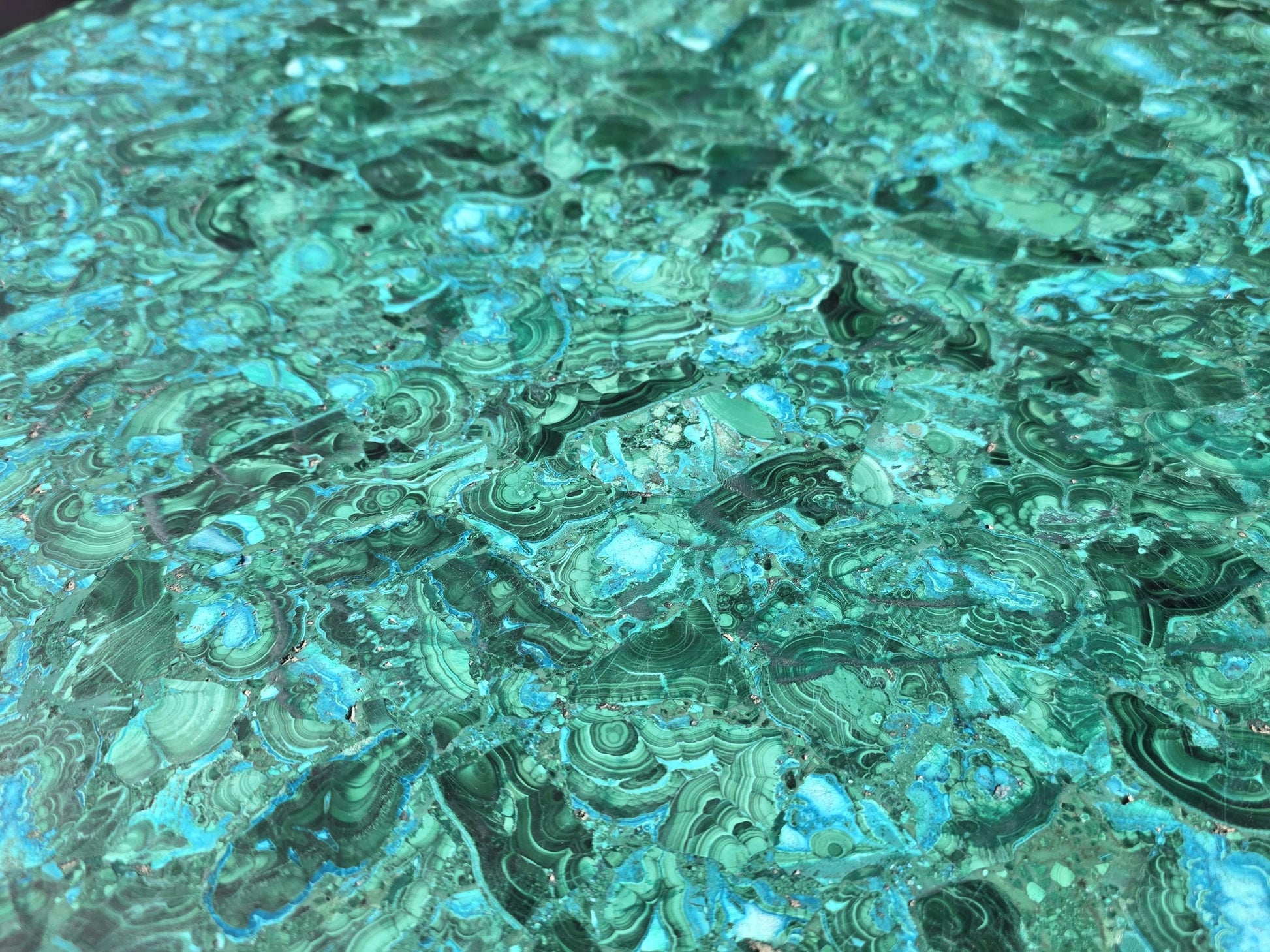 Hand-polished Malachite and Chrysocolla inlay for luxury collectors.