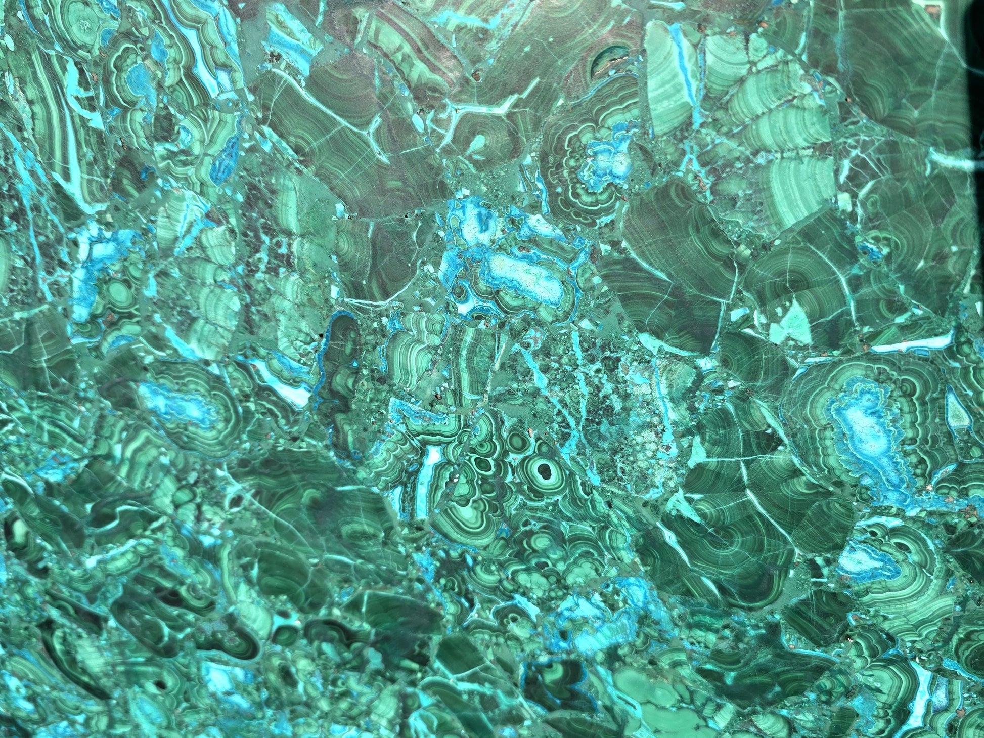Statement luxury décor: Malachite & Chrysocolla crystal table top.