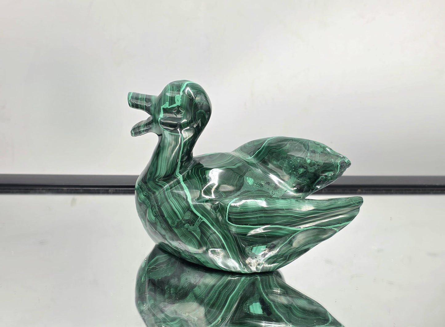 Side view of polished malachite duck carving