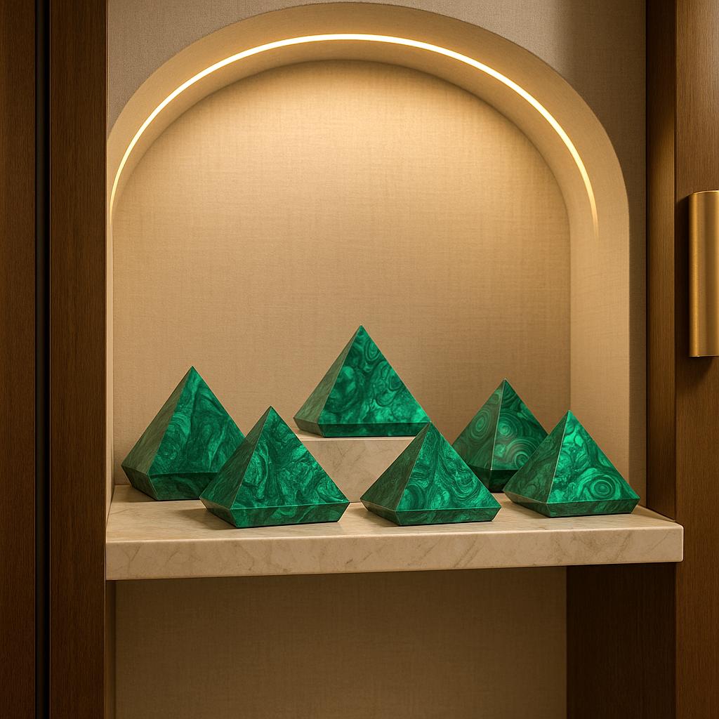 Polished malachite pyramid displayed on a floating shelf with contemporary accessories.