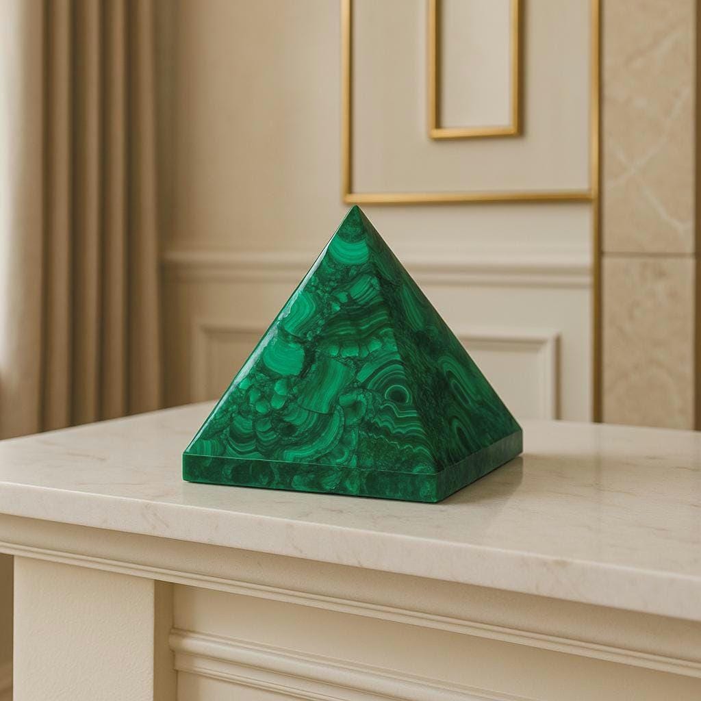 Large malachite pyramid styled as a striking décor element on a contemporary sideboard.