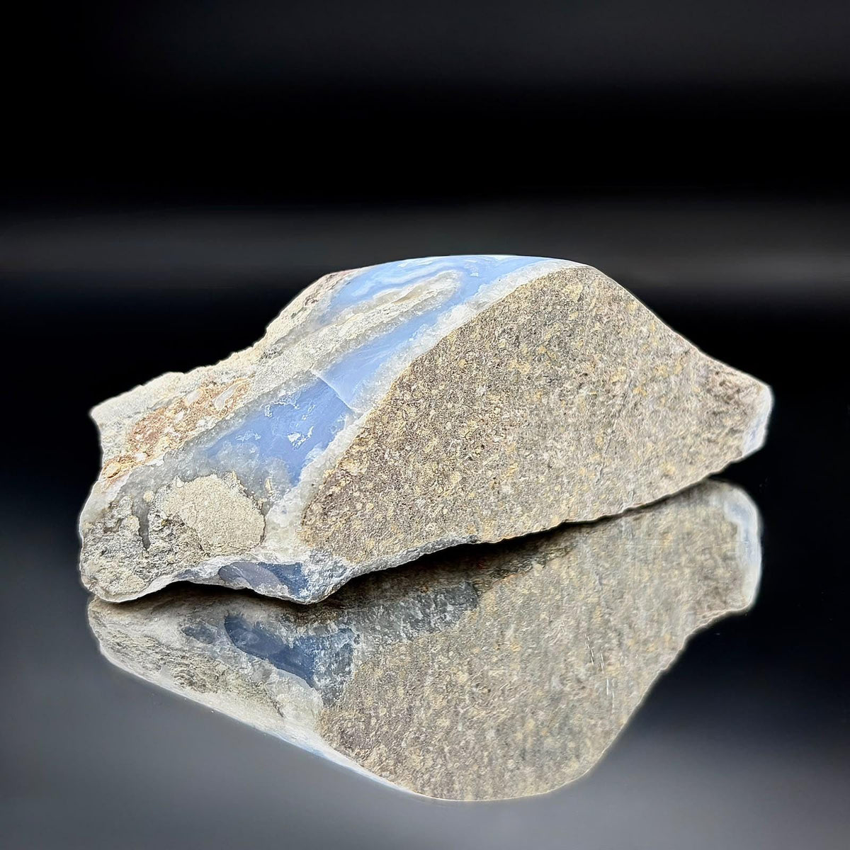 Natural Blue Lace Agate and druzy mineral specimen from Malawi weighing 338g.