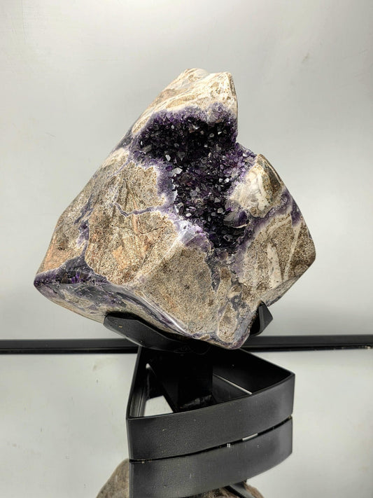 Mapatizya Amethyst crystal displayed on custom stand from Zambia