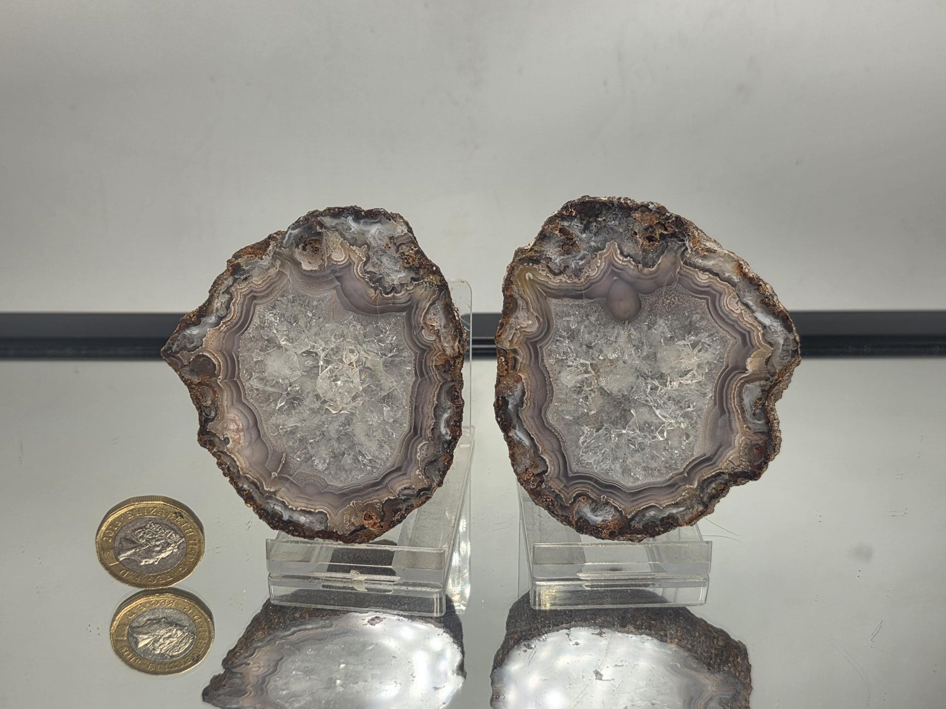Natural polished Mexican Agate Pair for decorative display.