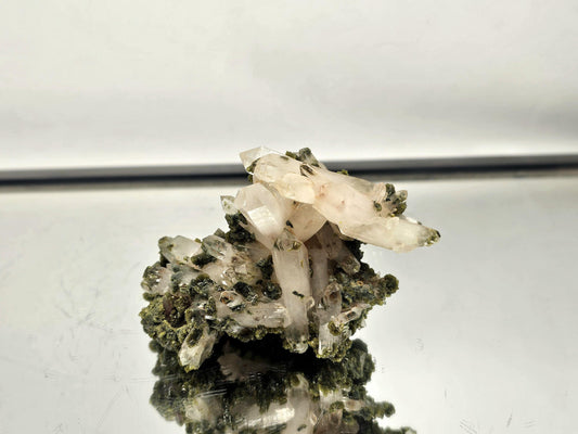 Sourced from Midelt, Morocco, Forest Epidote on Quartz display piece.