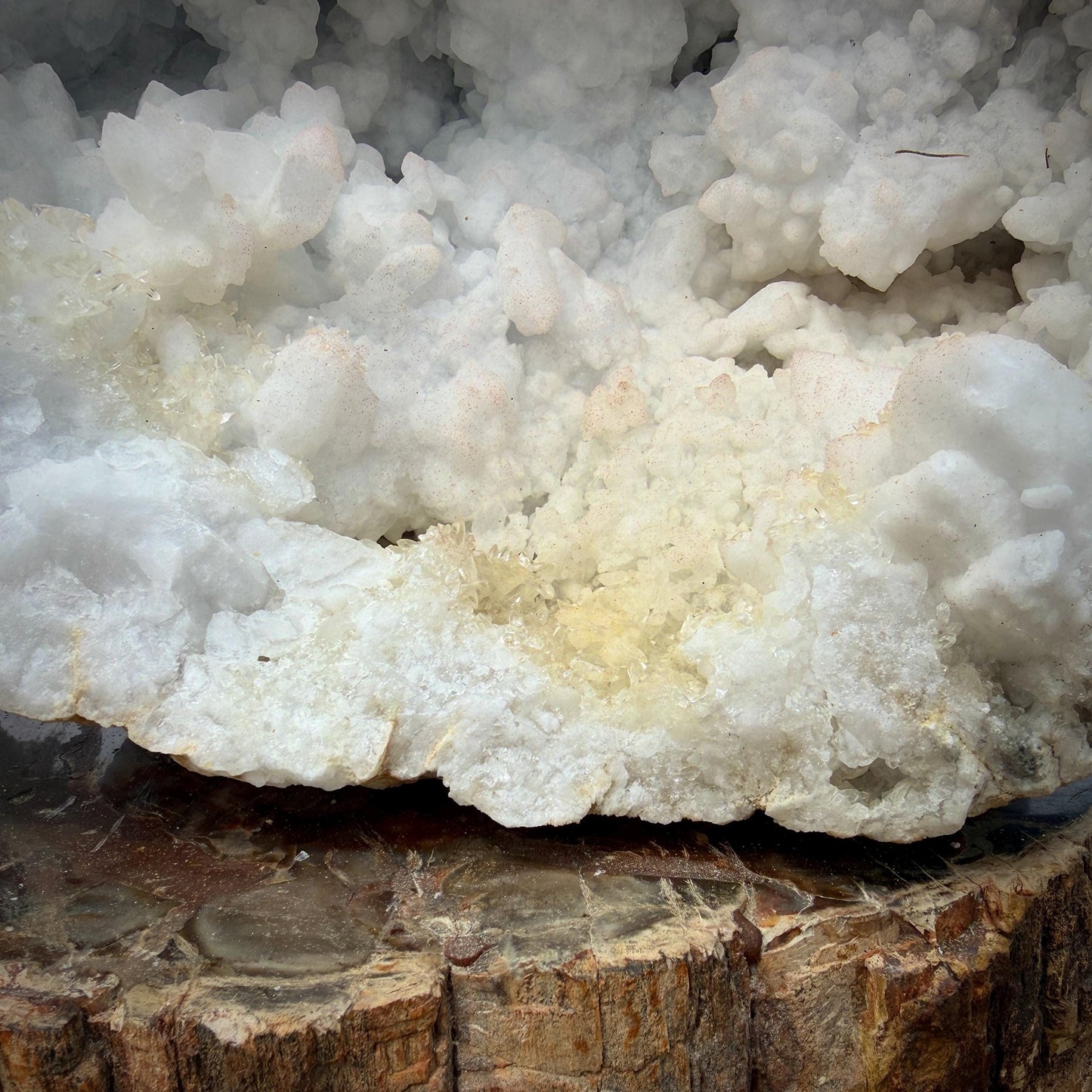 Crystal-lined interior of a genuine Moroccan quartz geode pair with calcite