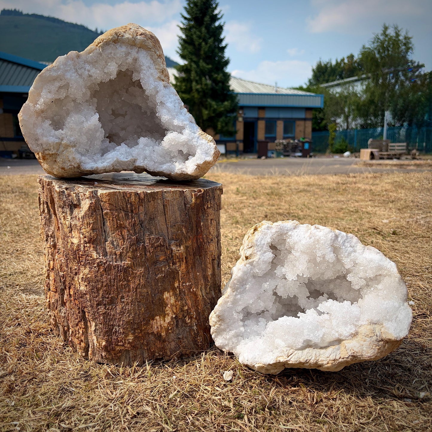 Large Moroccan quartz geode displayed as a decorative mineral specimen