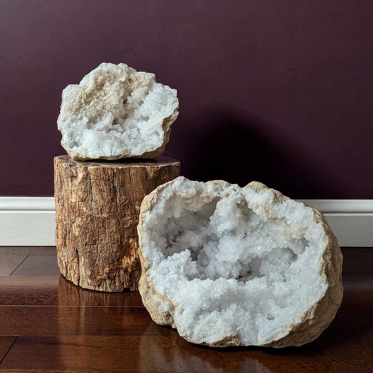 Front view of a Moroccan Quartz Geode with sparkling crystal interior.