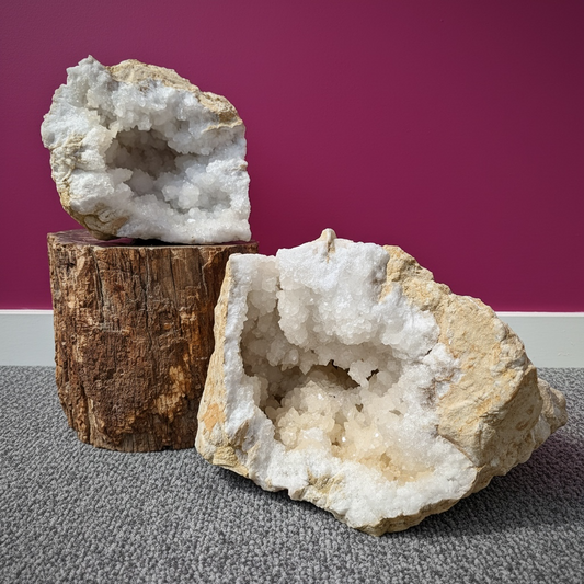 Moroccan XL quartz crystal geode pair with naturally sparkling crystal interiors.