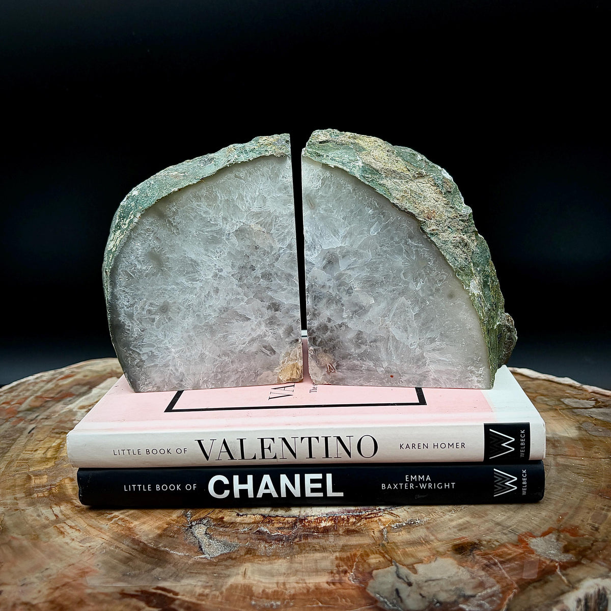 Natural Agate stone bookends designed for home office, study and library interior styling.