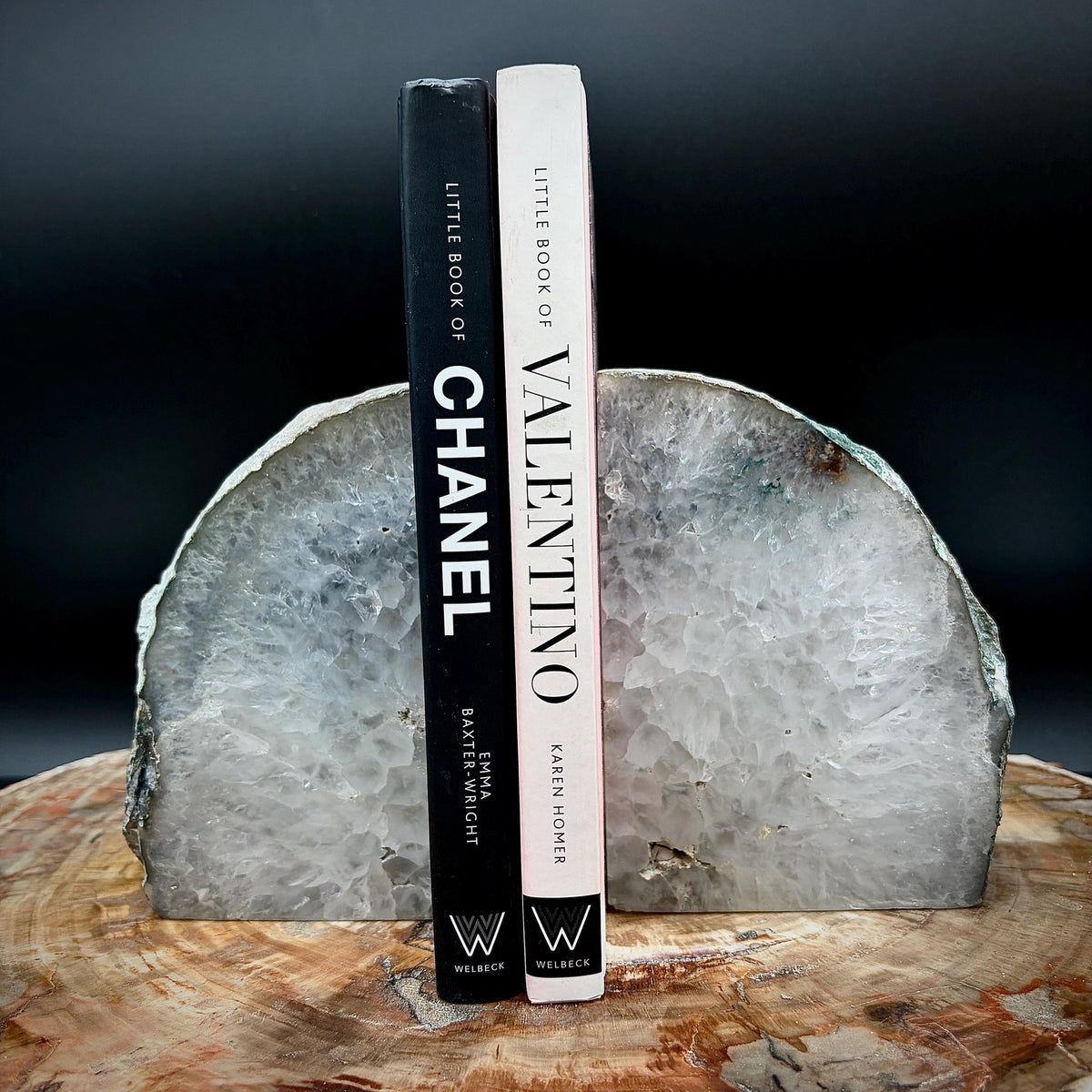 Natural Agate bookends with organic mineral patterning for interiors inspired by natural materials and texture