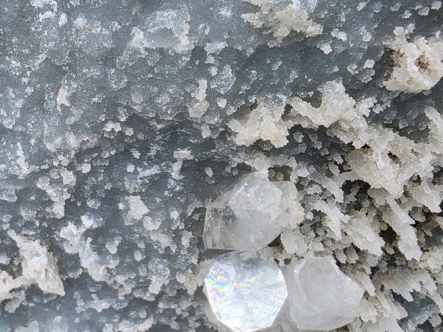 Natural Apophyllite crystal cluster with Blue Chalcedony formations on matrix