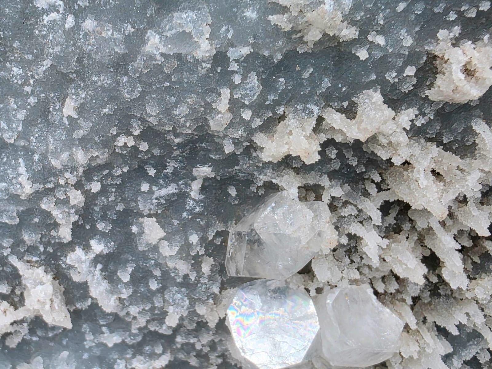 Natural Apophyllite crystal cluster with Blue Chalcedony formations on matrix