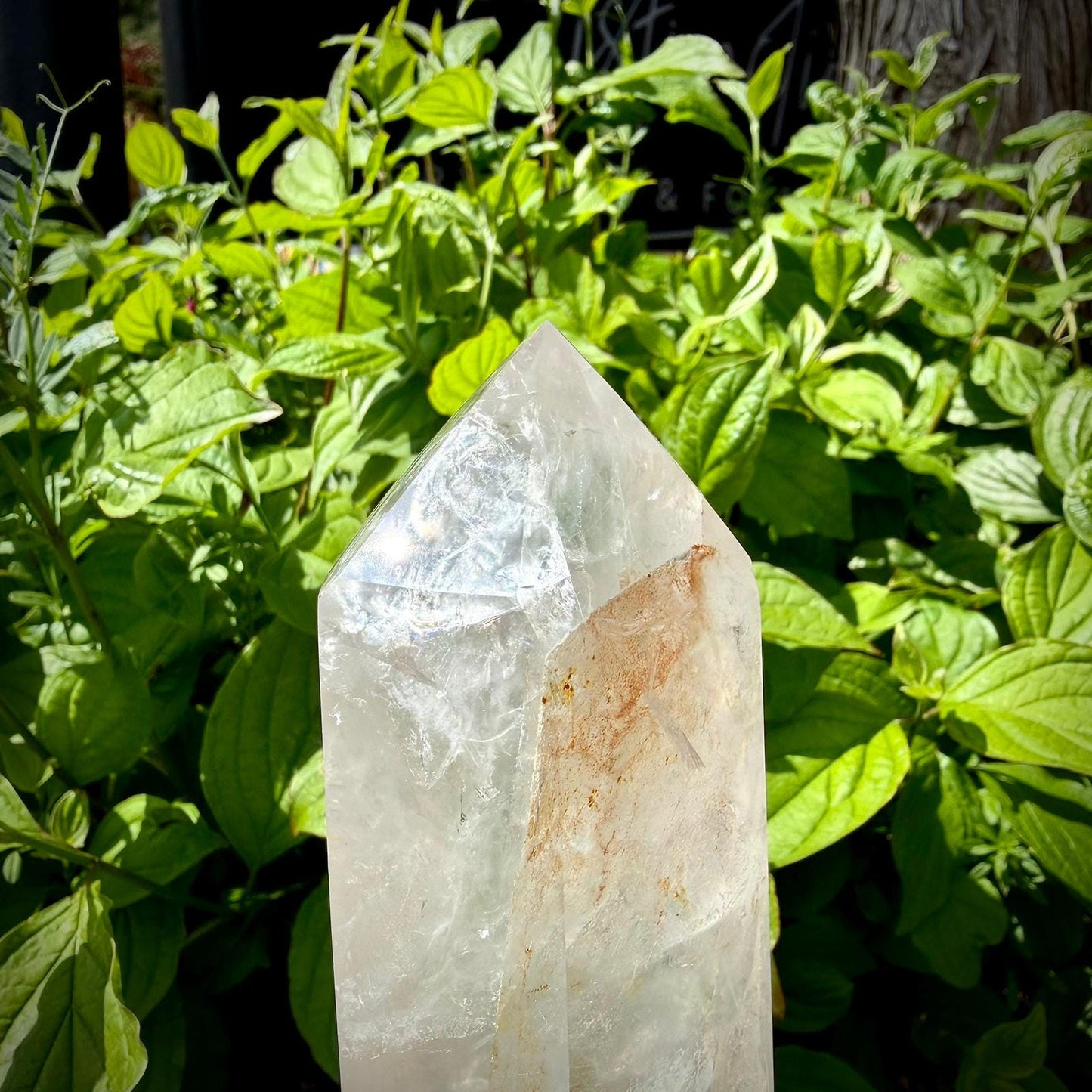 Natural clear quartz prism display piece with polished faces and organic internal detail.
