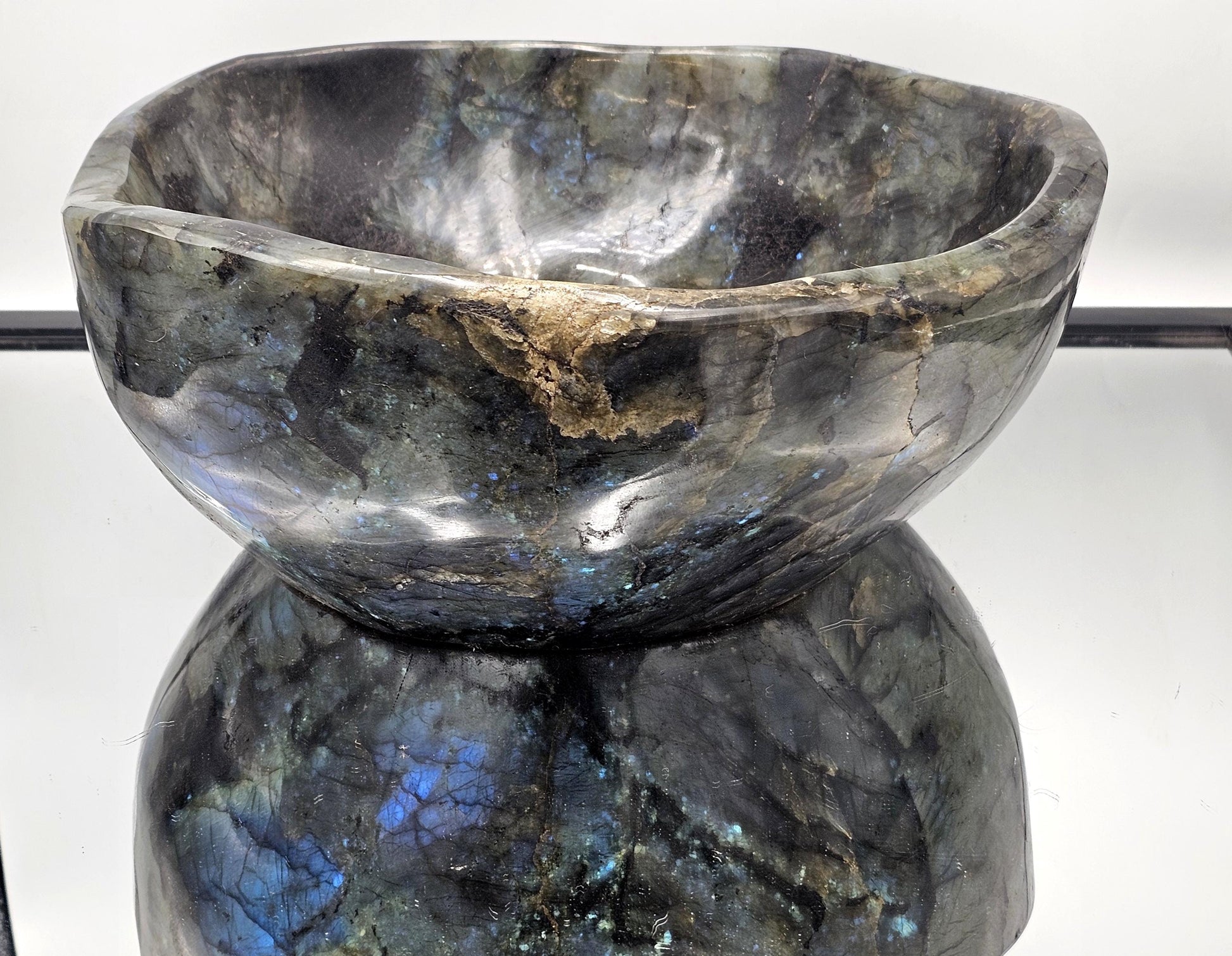 Natural Labradorite Bowl with vibrant colors, ideal for modern home décor.