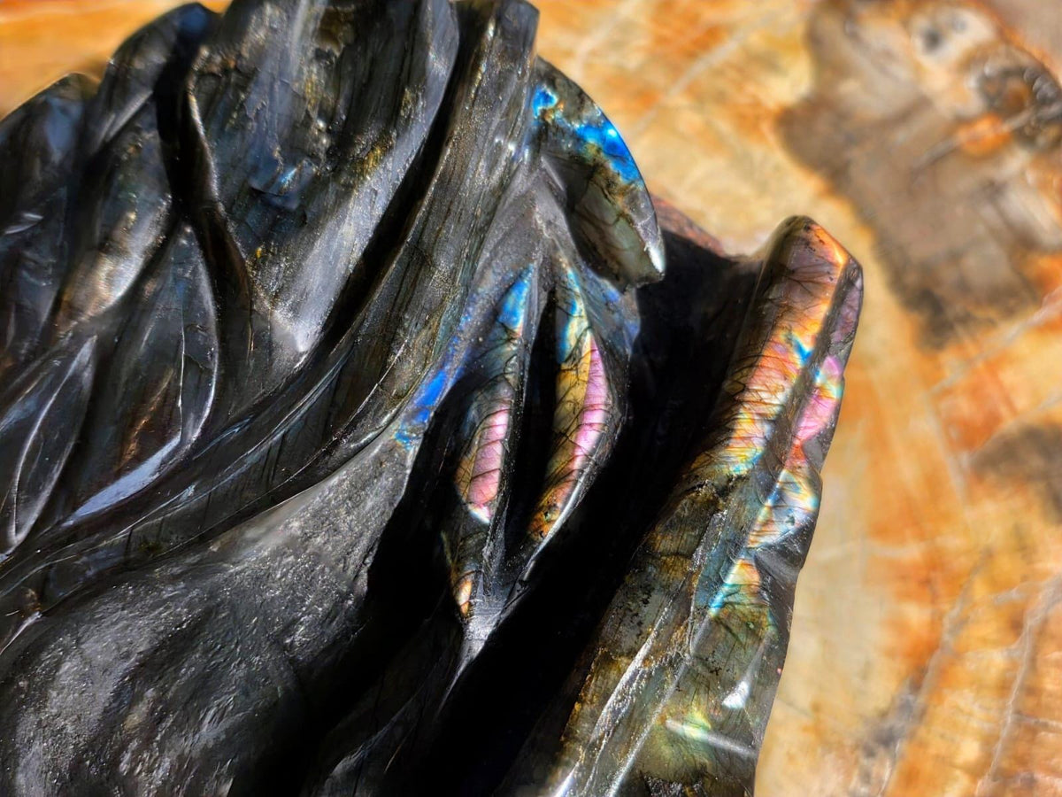 Natural Labradorite carved into a large dragon sculpture