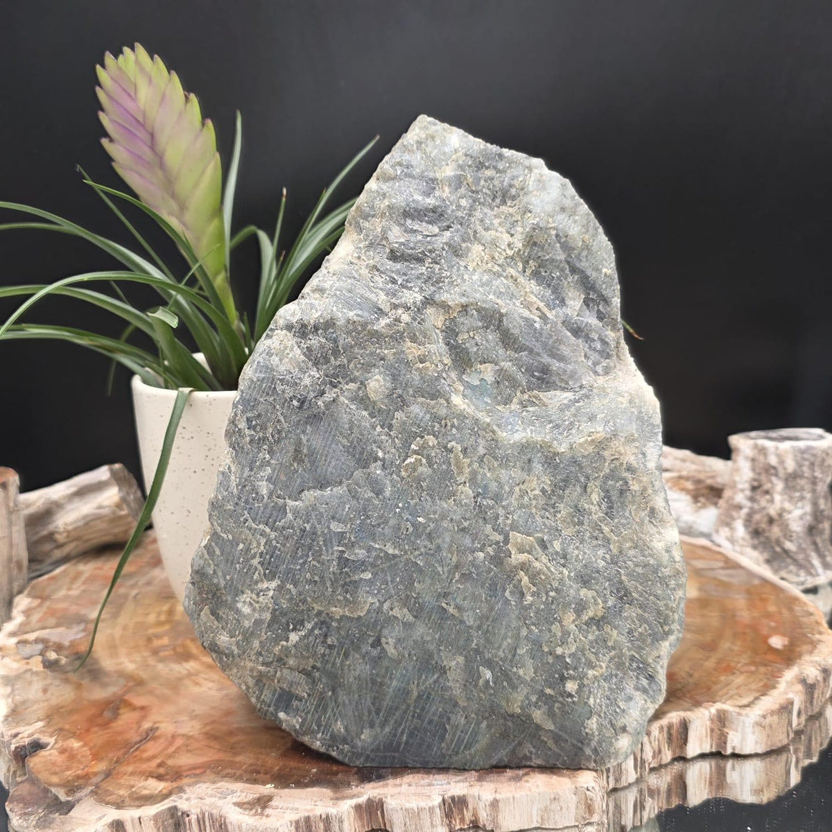 Natural Labradorite mineral carving with a pentagram star design.
