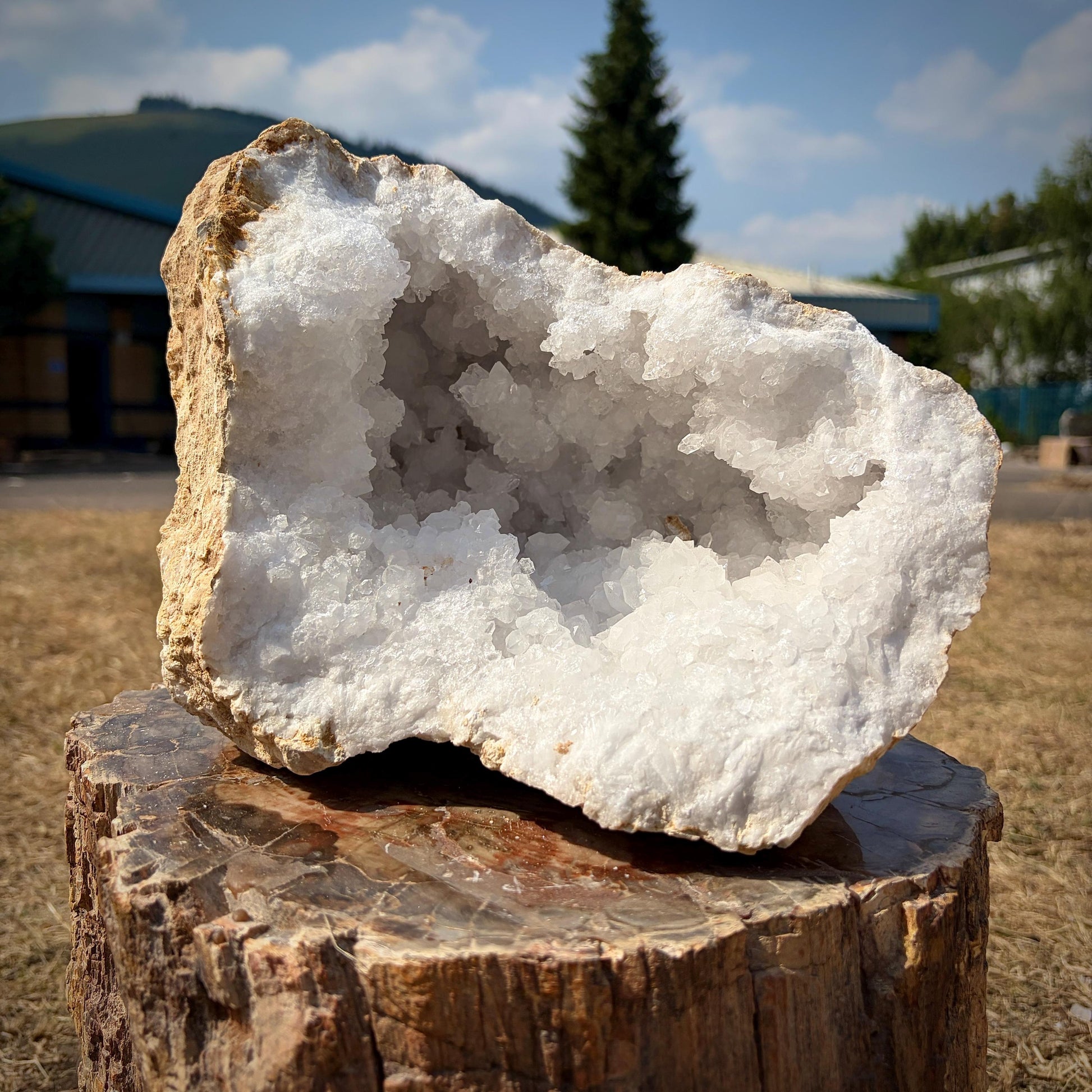 large natural quartz crystal geode displayed as a decorative mineral specimen.