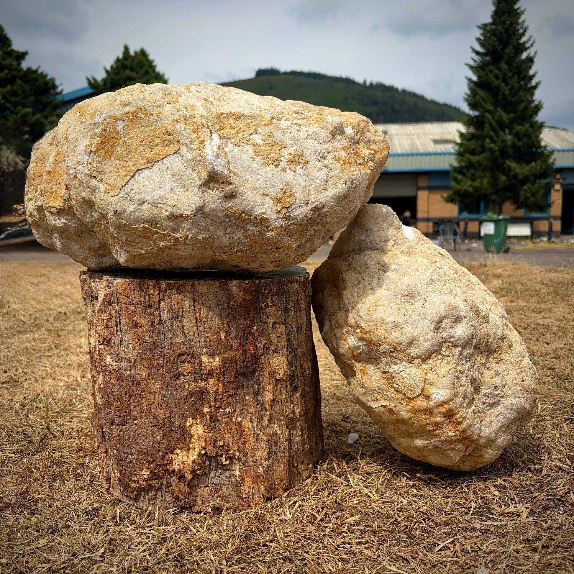 Large quartz crystal geode pair displayed as a striking decorative mineral specimen.