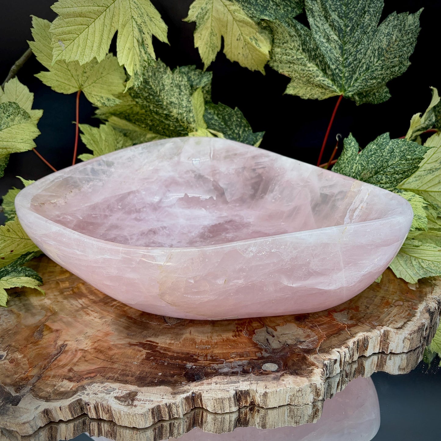 Natural Rose Quartz bowl showing translucency and internal markings