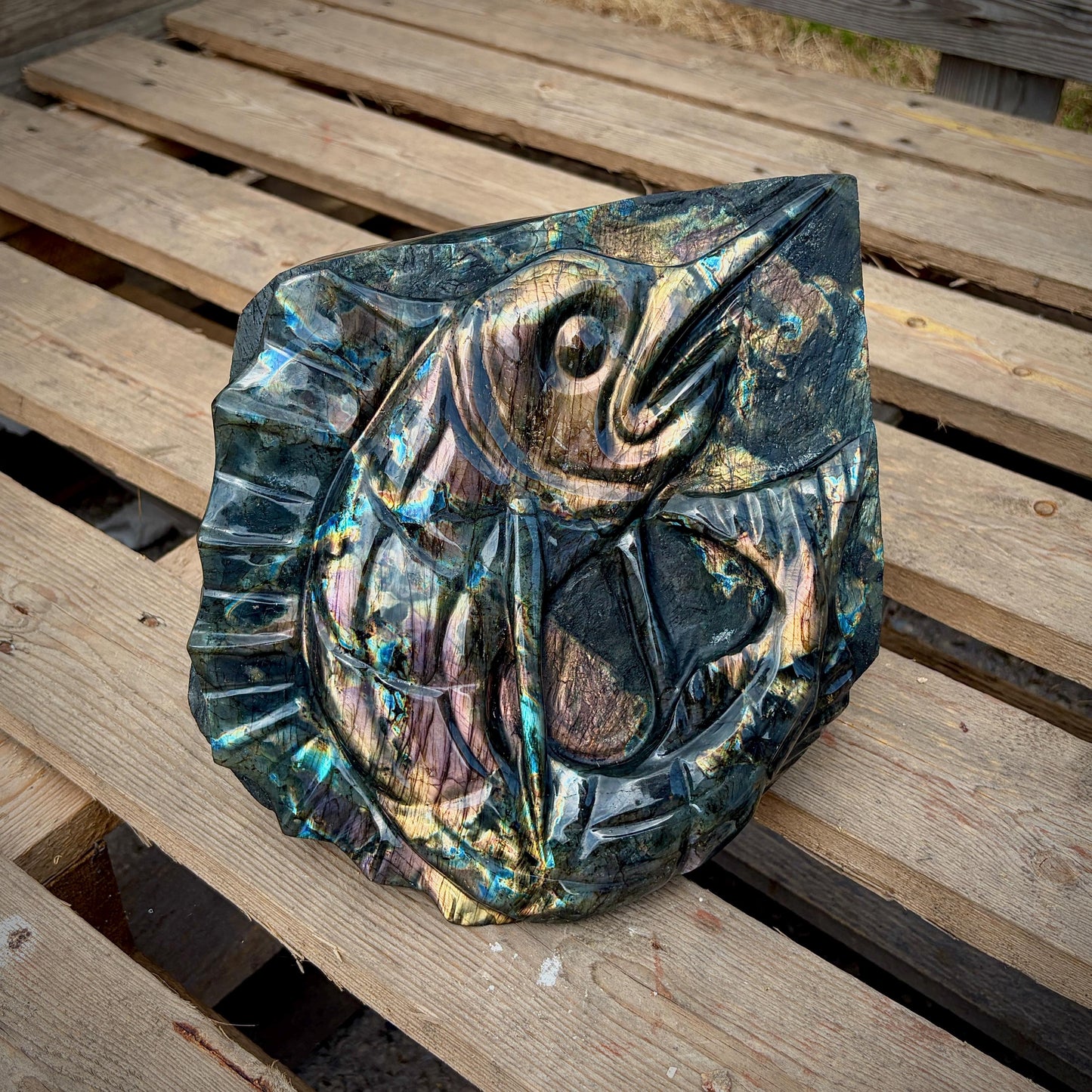 Decorative Labradorite fish freeform inspired by nautical themes and coastal living