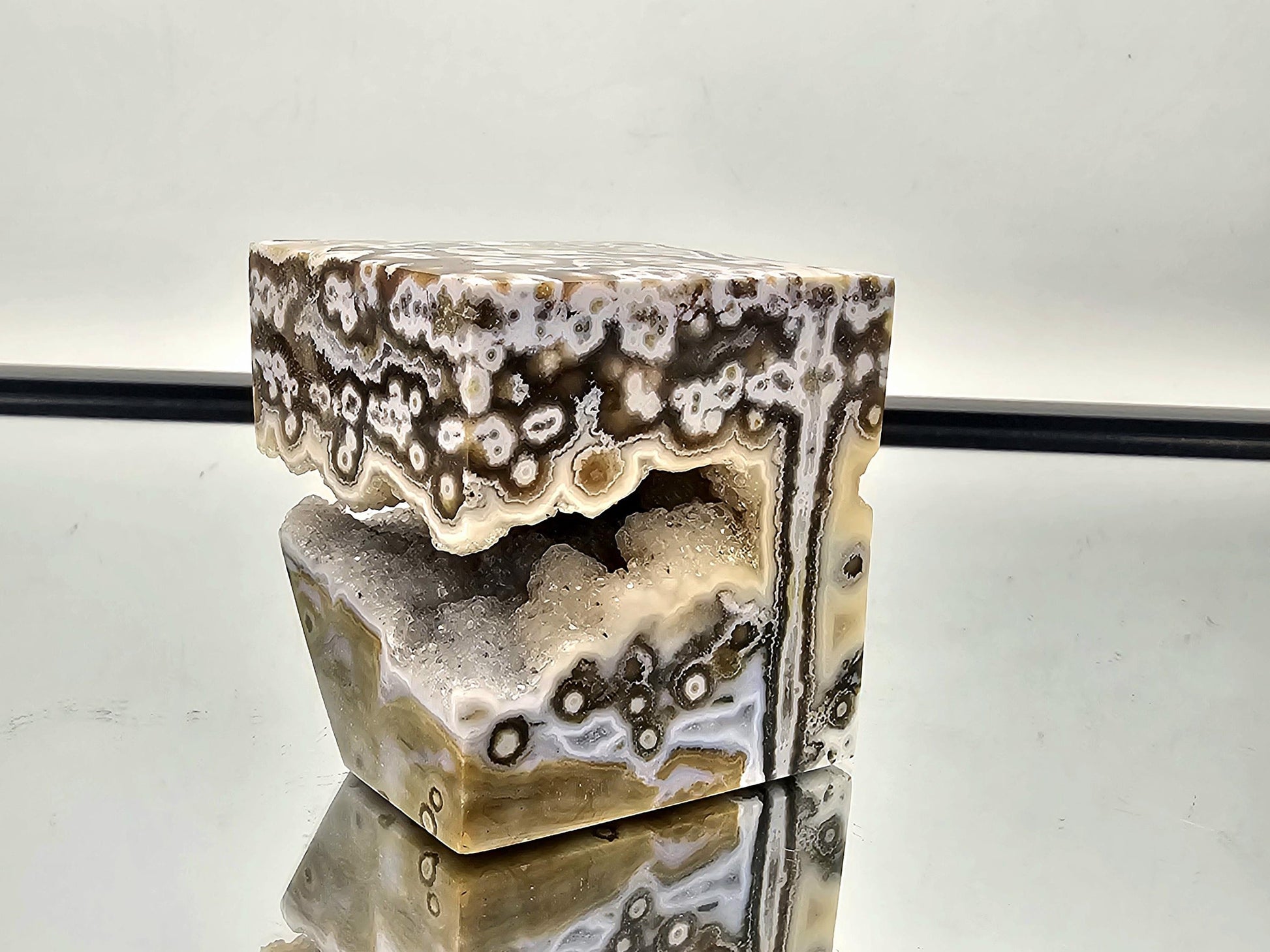 Ocean Jasper crystal cube as a luxurious decorative piece, adding beauty to any interior.