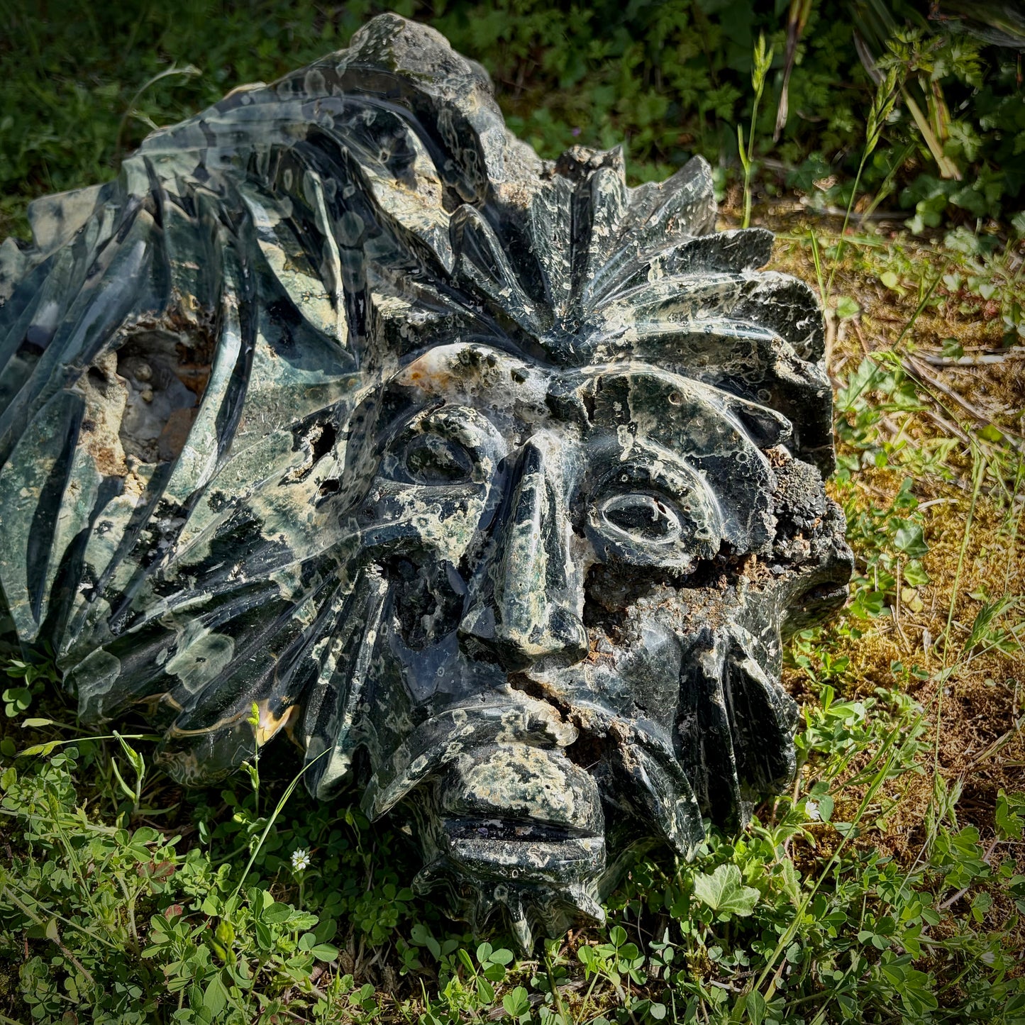 Ocean Jasper Green Man statement crystal carving inspired by nature, renewal and folklore