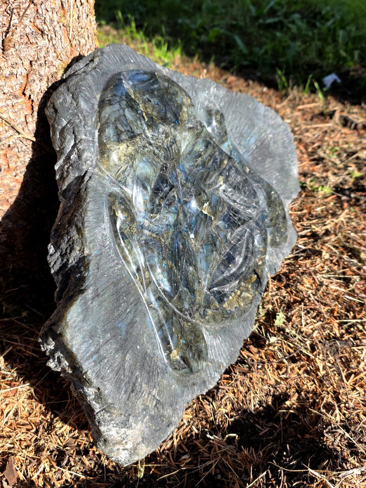 One of a kind Labradorite Buddha carving measuring 44 by 29 cm