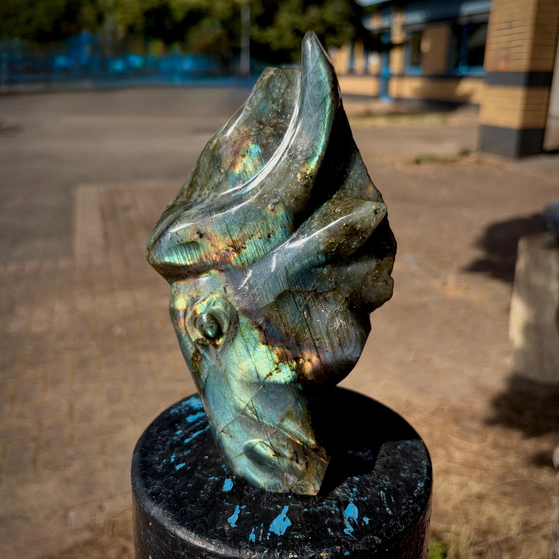 One-of-a-kind hand carved Labradorite bull