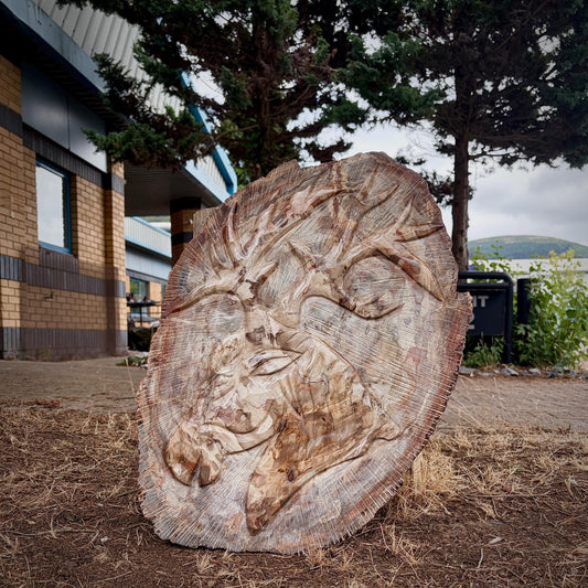 XL petrified wood stag head carved into a fossil wood slice