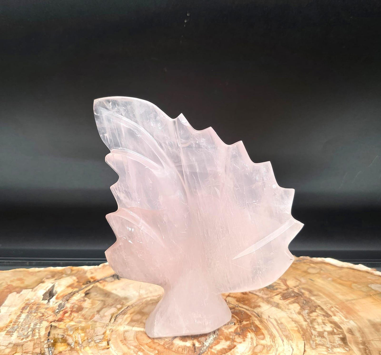 Front view of a polished pink Rose Quartz crystal leaf sculpture.