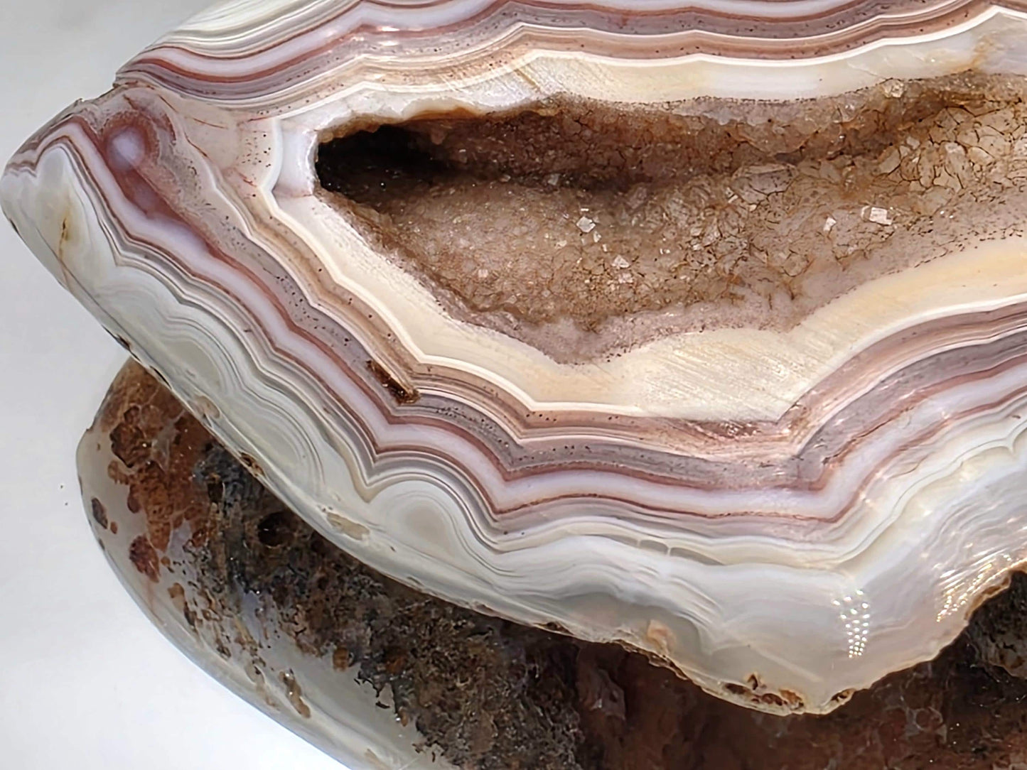 Polished display unique Malawi Agate crystal specimen.