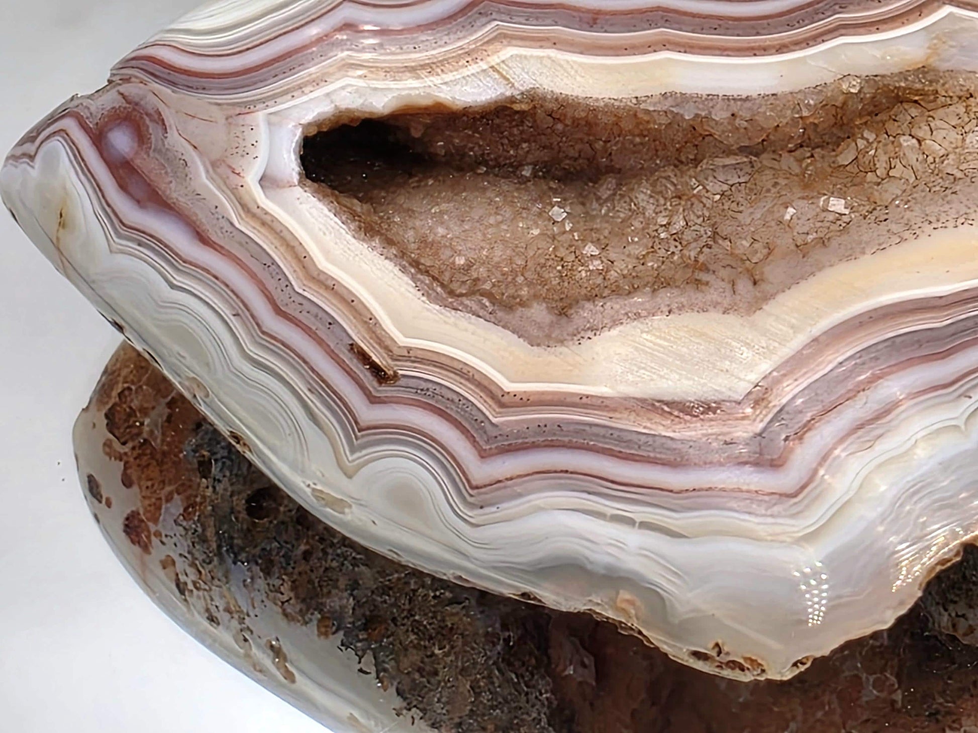 Polished display unique Malawi Agate crystal specimen.